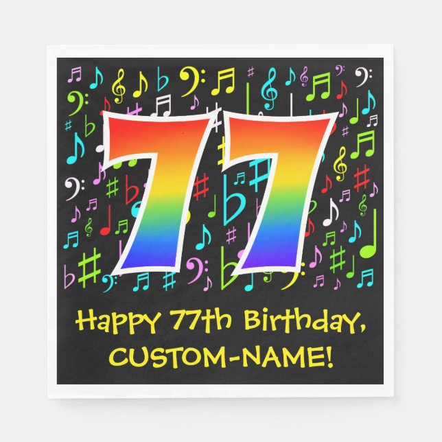 77th Birthday - Colorful Music Symbols, Rainbow 77 Napkins (Front)
