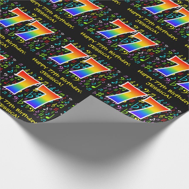 77th Birthday: Colorful Music Symbols, Rainbow 77 Wrapping Paper (Corner)