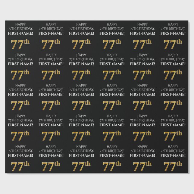 77th Birthday: Elegant, Black, Faux Gold Look Wrapping Paper (Flat)