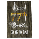 [ Thumbnail: 77th Birthday: Faux Gold Look & Faux Wood Pattern Gift Bag ]