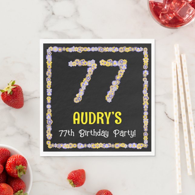 77th Birthday: Floral Flowers Number, Custom Name Napkins (Insitu)