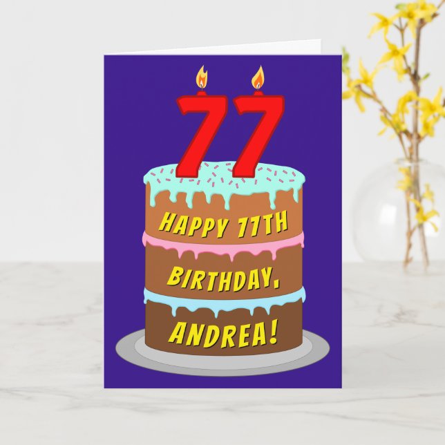 77th Birthday: Fun Cake and Candles + Custom Name Card (Yellow Flower)