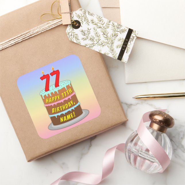 77th Birthday: Fun Cake and Candles + Custom Name Square Sticker (Gifting)