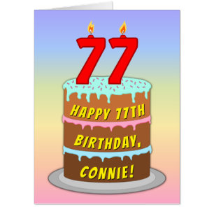 77th Birthday: Fun Cake & Candles, w/ Custom Name Card