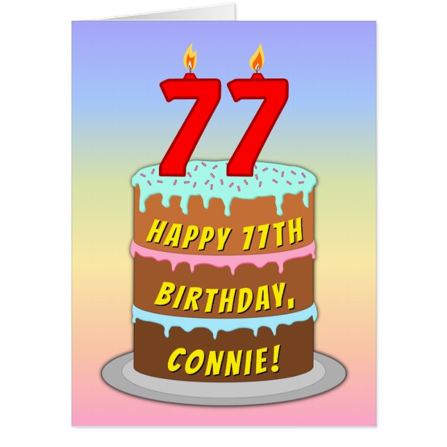 77th Birthday: Fun Cake & Candles, w/ Custom Name Card (Front)