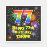 [ Thumbnail: 77th Birthday: Fun Fireworks Pattern + Rainbow 77 Napkins ]