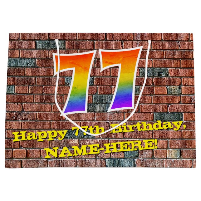 77th Birthday: Fun, Graffiti-Inspired Rainbow # 77 Large Gift Bag (Front)