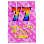 [ Thumbnail: 77th Birthday: Fun Pink Hearts Stripes; Rainbow 77 Gift Bag ]
