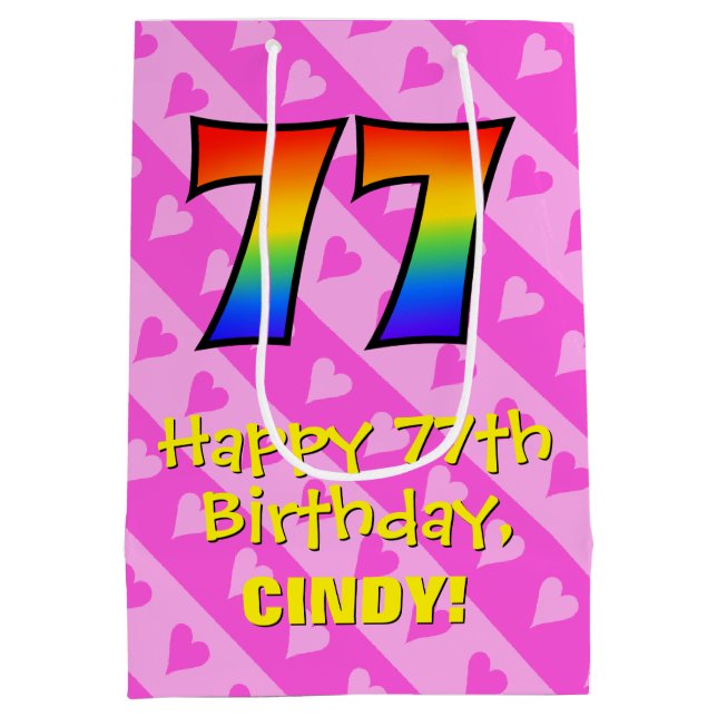 77th Birthday: Fun Pink Hearts Stripes; Rainbow 77 Medium Gift Bag (Back)