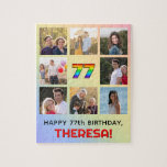 [ Thumbnail: 77th Birthday: Fun Rainbow #, Custom Name & Photos Jigsaw Puzzle ]