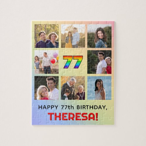 77th Birthday Fun Rainbow  Custom Name  Photos Jigsaw Puzzle