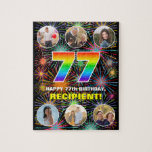 [ Thumbnail: 77th Birthday: Fun Rainbow #, Custom Name + Photos Jigsaw Puzzle ]