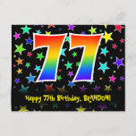 [ Thumbnail: 77th Birthday: Fun Stars Pattern, Rainbow 77, Name Postcard ]