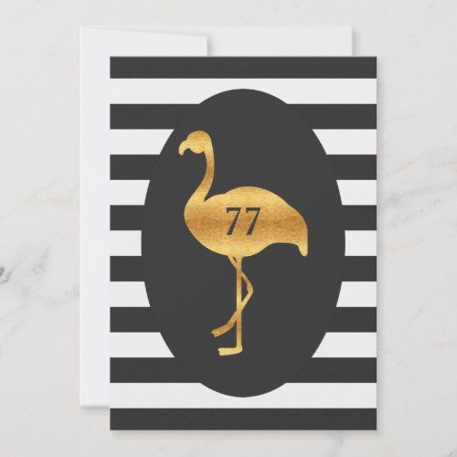 77th Birthday Gold Flamingo Black White Stripes Invitation