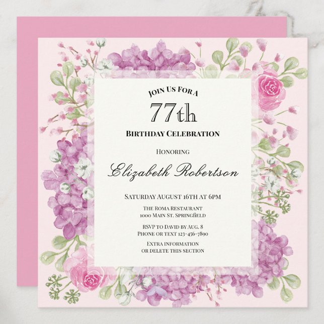 77th Birthday Invitation Elegant Pink Flowers (Creator Uploaded)