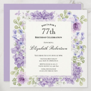 77th Birthday Invitation Elegant Purple Flowers