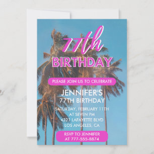 77th birthday invitation Summer Pink Palm tree