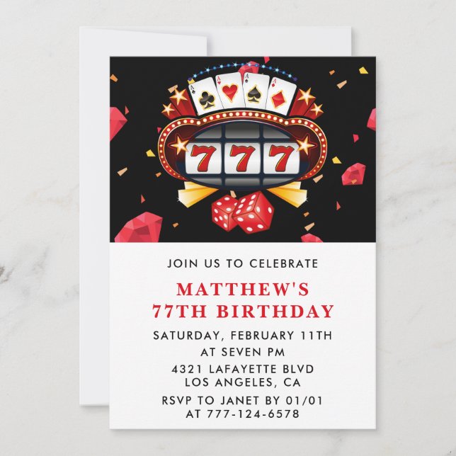 77th birthday invitations Casino theme Poker Red (Front)