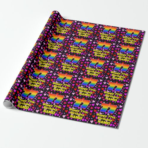 77th Birthday Loving Hearts Pattern Rainbow  77 Wrapping Paper