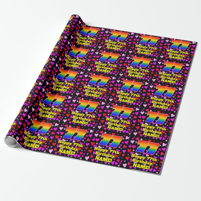 77th Birthday: Loving Hearts Pattern, Rainbow # 77 Wrapping Paper (Unrolled)