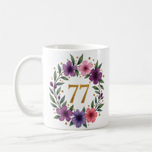 77th Birthday Mug – Floral Wreath with Gold Number