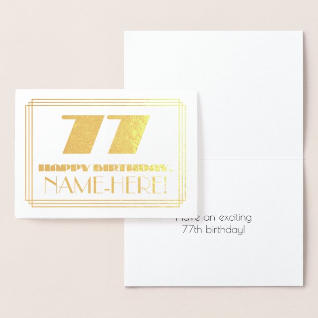77th Birthday; Name + Art Deco Inspired Look "77" Foil Card (Display)