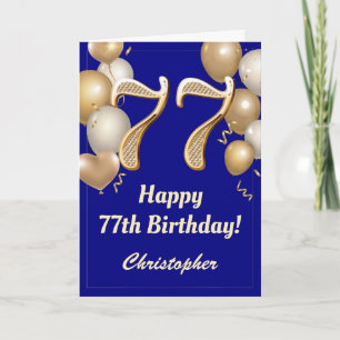 77th Birthday Navy Blue and Gold Balloons Confetti Card