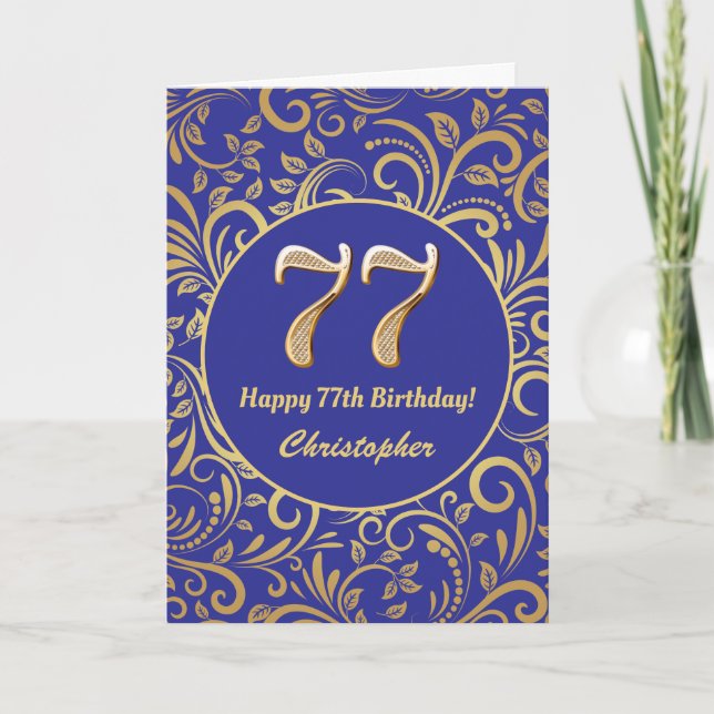 77th Birthday Navy Blue and Gold Floral Pattern Card (Front)