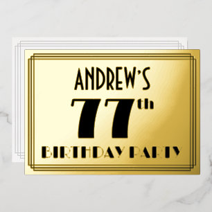 77th Birthday Party — Art Deco Look “77” + Name Foil Invitation