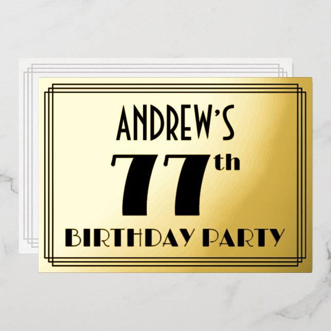 77th Birthday Party — Art Deco Look “77” + Name Foil Invitation (Front/Back)