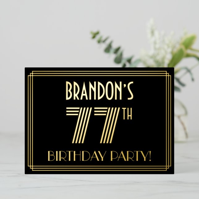 77th Birthday Party — Art Deco Style “77” + Name Foil Invitation (Standing Front)