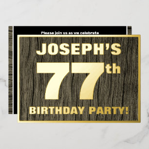 77th Birthday Party: Bold, Faux Wood Grain Pattern Foil Invitation