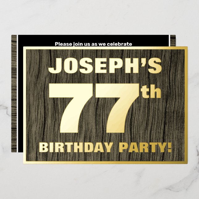 77th Birthday Party: Bold, Faux Wood Grain Pattern Foil Invitation (Front/Back)