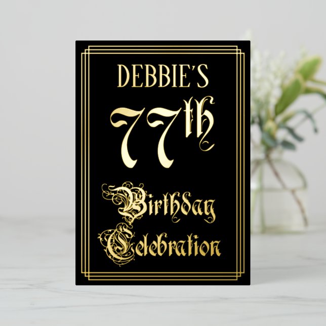 77th Birthday Party — Fancy Script & Custom Name Foil Invitation (Standing Front)