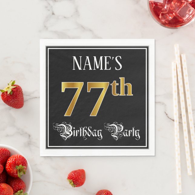 77th Birthday Party — Fancy Script, Faux Gold Look Napkins (Insitu)