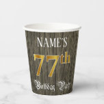 [ Thumbnail: 77th Birthday Party — Faux Gold & Faux Wood Looks Paper Cups ]