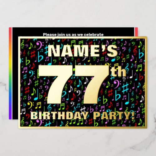 77th Birthday Party  Fun Colorful Music Symbols Foil Invitation