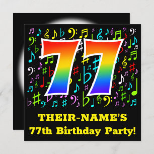 77th Birthday Party: Fun Music Symbols, Rainbow 77 Invitation