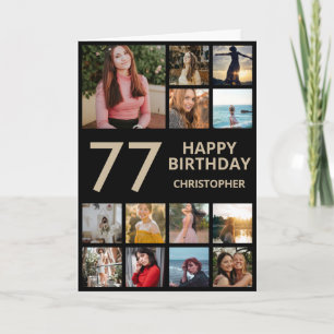 77th Birthday Photo Collage 13 Photos Black & Gold Card
