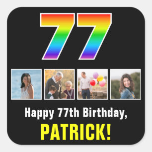 77th Birthday: Rainbow “77”; Custom Photos & Name Square Sticker