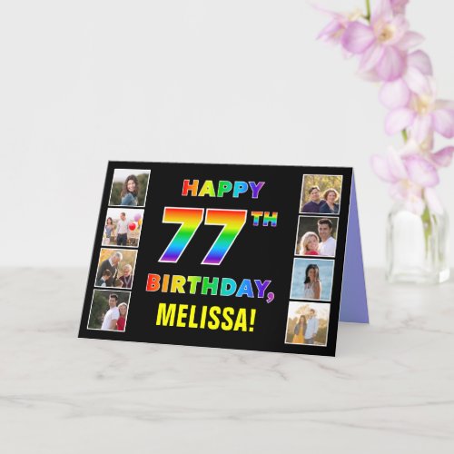 77th Birthday Rainbow Text Custom Photos  Name Card