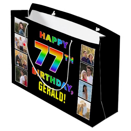 77th Birthday Rainbow Text Custom Photos  Name Large Gift Bag