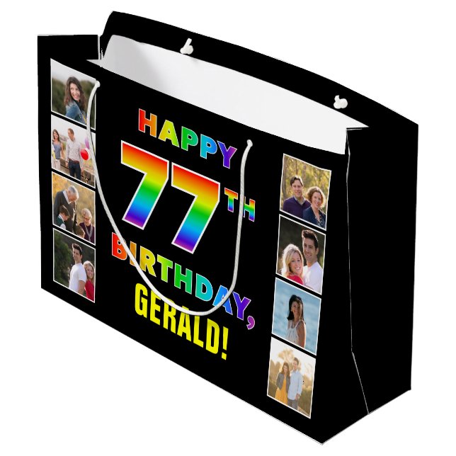77th Birthday: Rainbow Text, Custom Photos & Name Large Gift Bag (Back Angled)