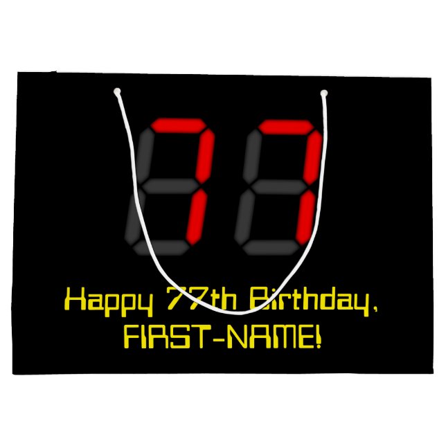 77th Birthday: Red Digital Clock Style "77" + Name Large Gift Bag (Back)