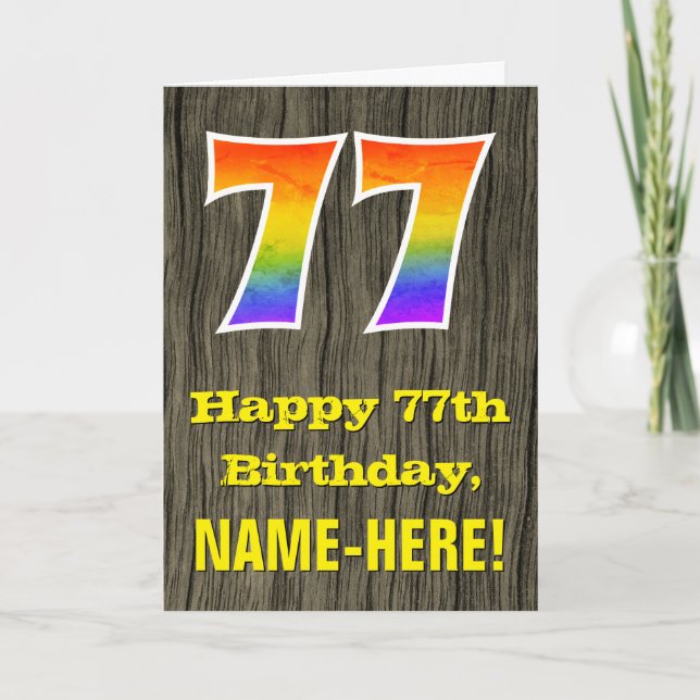 77th Birthday: Rustic Faux Wood Look, Rainbow "77" Card (Front)