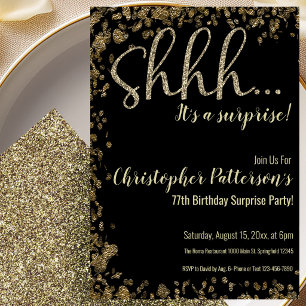 77th Birthday Surprise Party Invitation Gold Black
