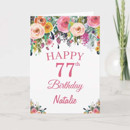 77th Birthday Watercolor Floral Flowers Pink Card