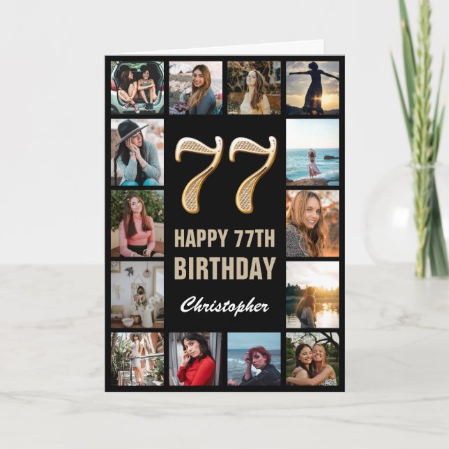 77th Happy Birthday Black and Gold Photo Collage Card (Front)