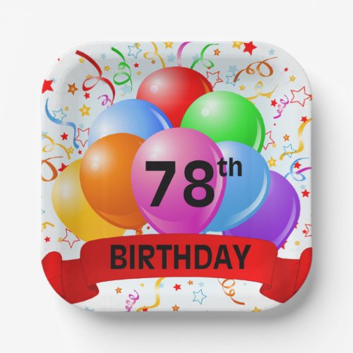 78th Birthday Balloons Banner Paper Plates