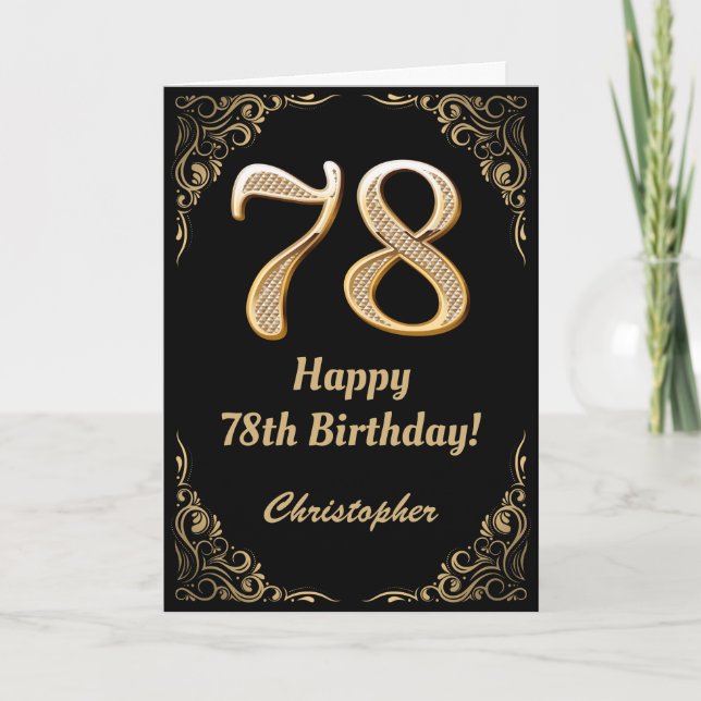 78th Birthday Black and Gold Glitter Frame Card (Front)